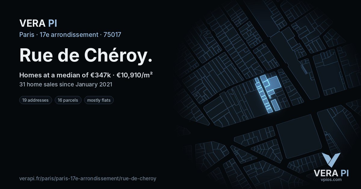 Rue de Chéroy, 17e arrondissement at night – every parcel coloured by the prices around it, the street's own parcels lit