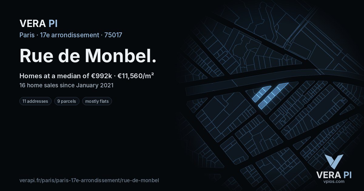 Rue de Monbel, 17e arrondissement at night – every parcel coloured by the prices around it, the street's own parcels lit