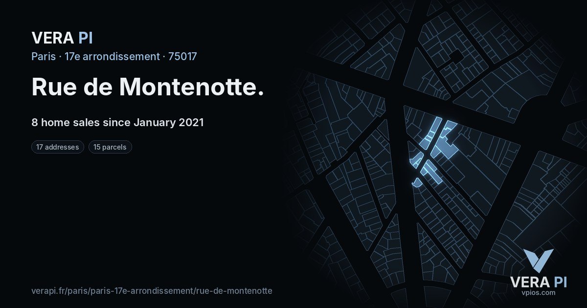 Rue de Montenotte, 17e arrondissement at night – every parcel coloured by the prices around it, the street's own parcels lit