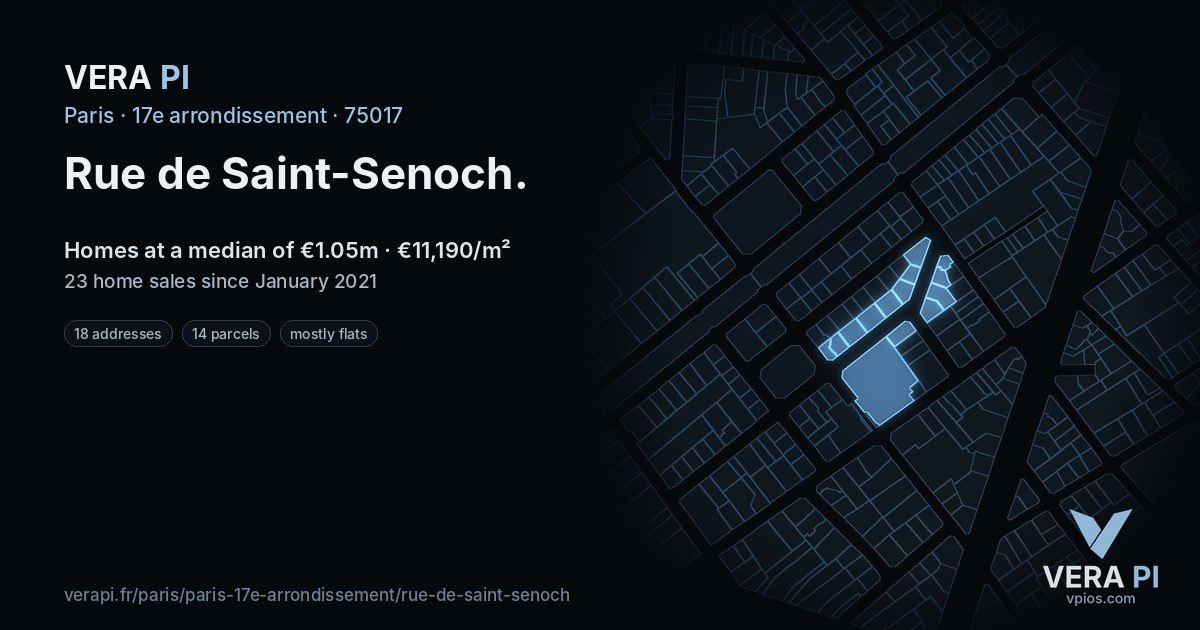 Rue de Saint-Senoch, 17e arrondissement at night – every parcel coloured by the prices around it, the street's own parcels lit
