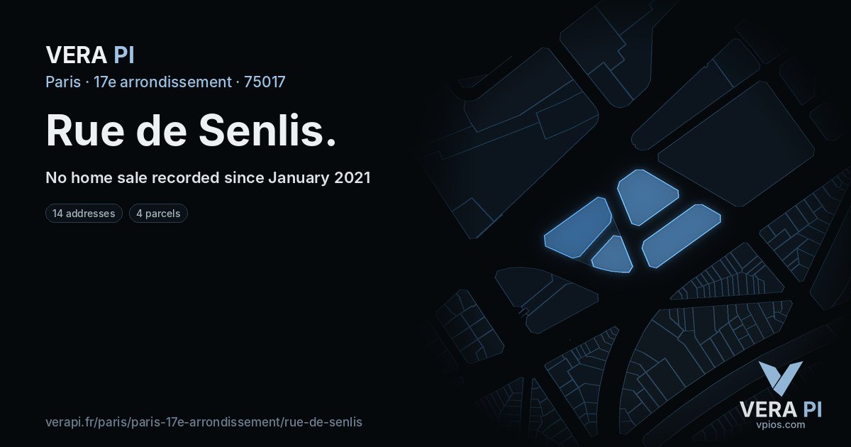 Rue de Senlis, 17e arrondissement at night – every parcel coloured by the prices around it, the street's own parcels lit