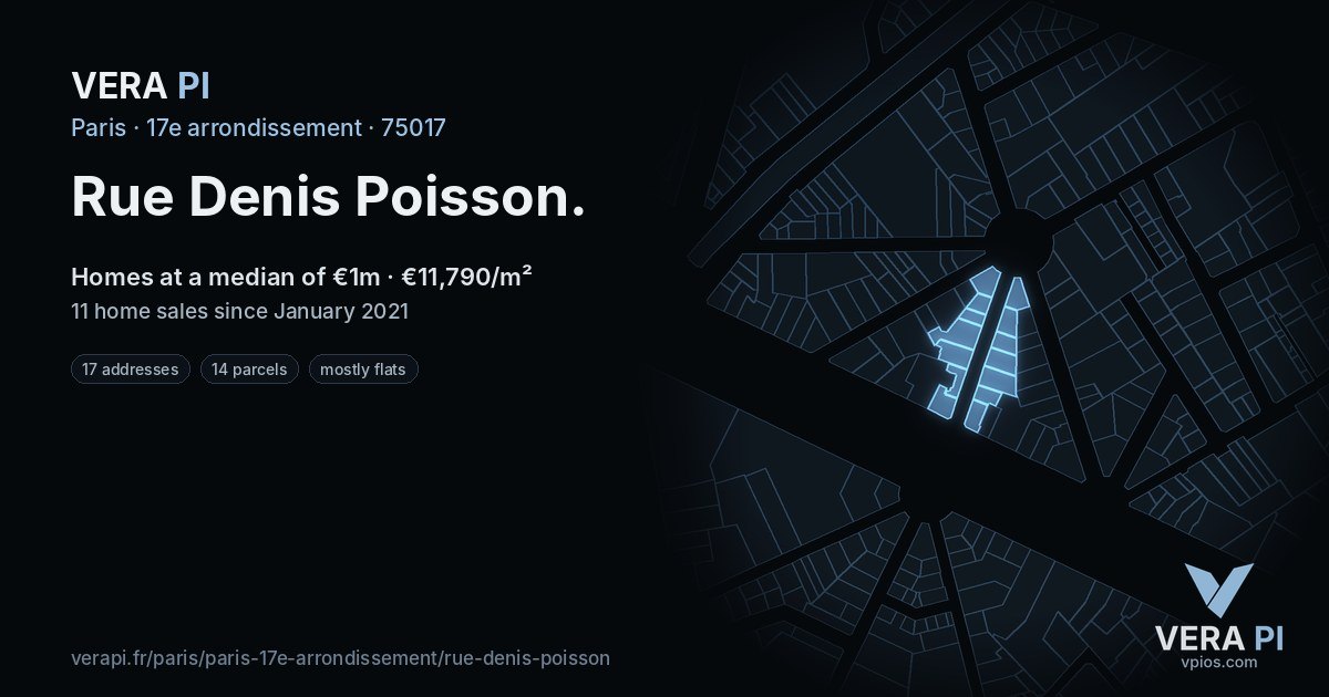 Rue Denis Poisson, 17e arrondissement at night – every parcel coloured by the prices around it, the street's own parcels lit