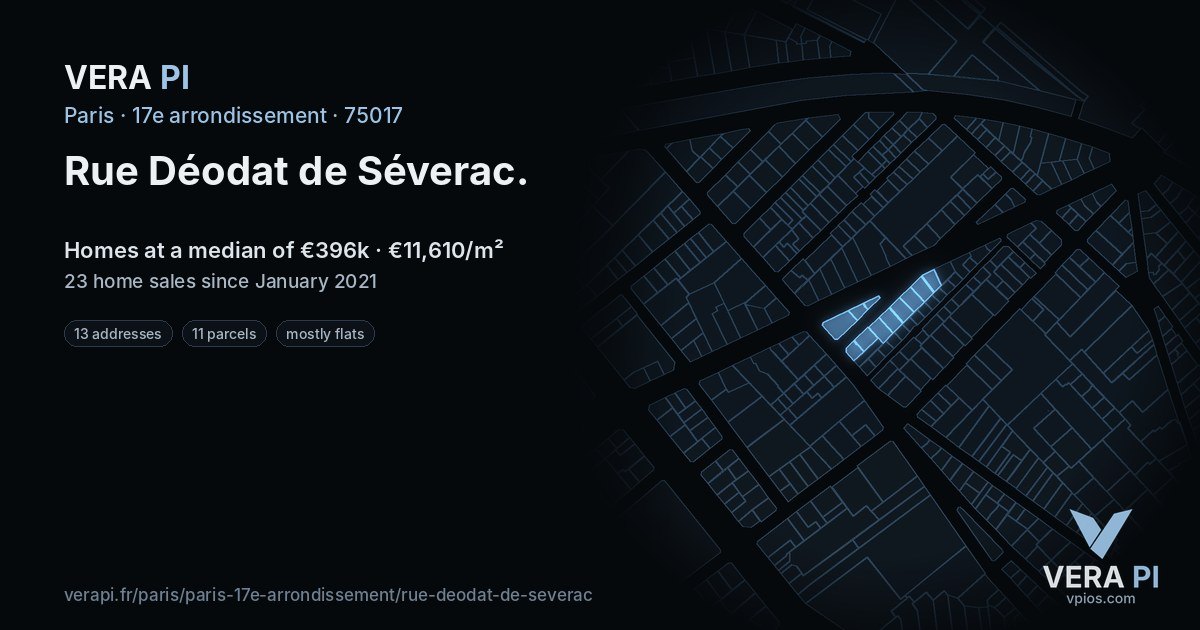 Rue Déodat de Séverac, 17e arrondissement at night – every parcel coloured by the prices around it, the street's own parcels lit