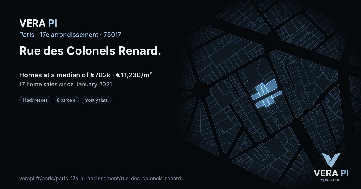 Rue des Colonels Renard, 17e arrondissement at night – every parcel coloured by the prices around it, the street's own parcels lit