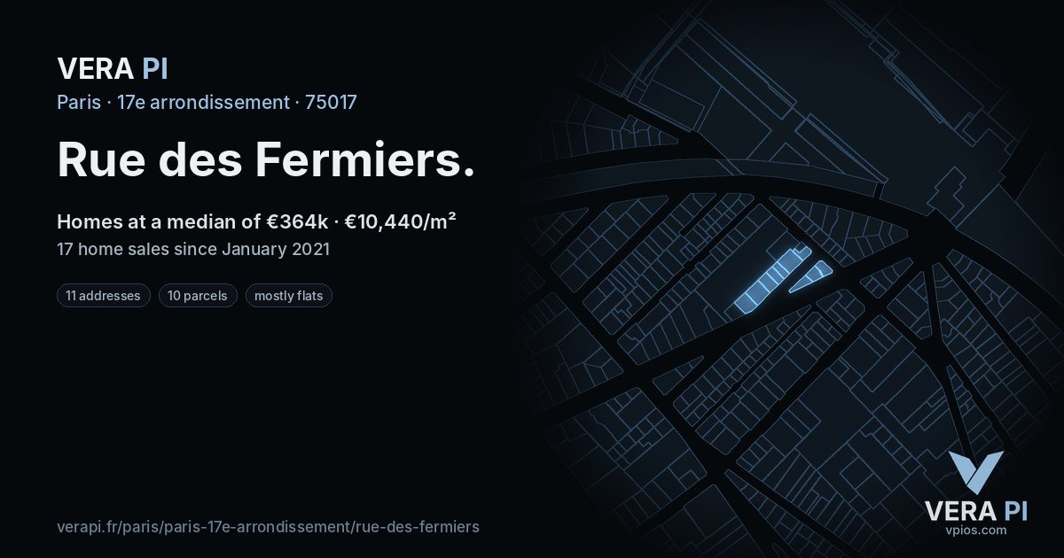 Rue des Fermiers, 17e arrondissement at night – every parcel coloured by the prices around it, the street's own parcels lit