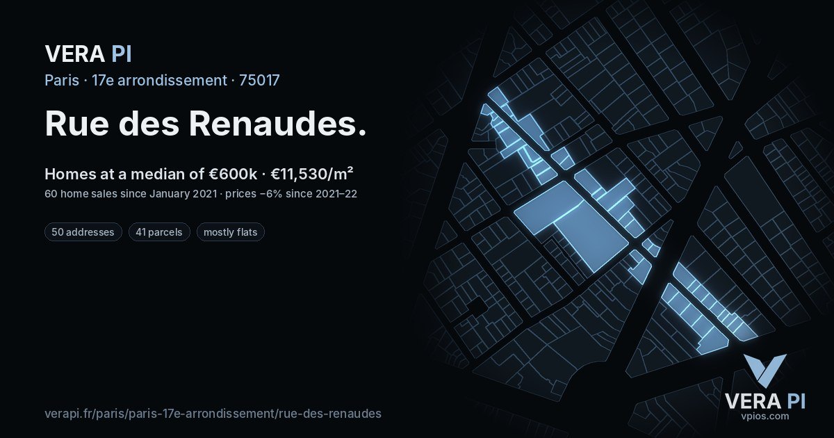 Rue des Renaudes, 17e arrondissement at night – every parcel coloured by the prices around it, the street's own parcels lit