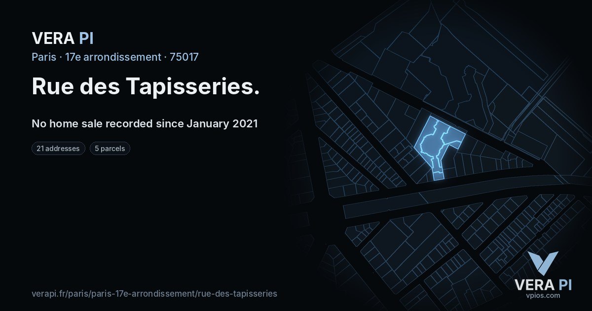 Rue des Tapisseries, 17e arrondissement at night – every parcel coloured by the prices around it, the street's own parcels lit