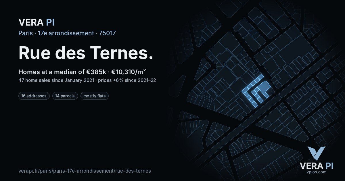 Rue des Ternes, 17e arrondissement at night – every parcel coloured by the prices around it, the street's own parcels lit