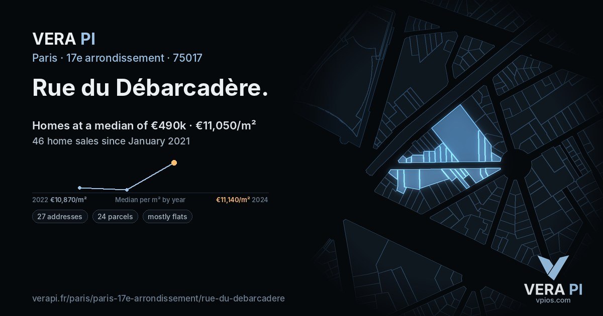 Rue du Débarcadère, 17e arrondissement at night – every parcel coloured by the prices around it, the street's own parcels lit