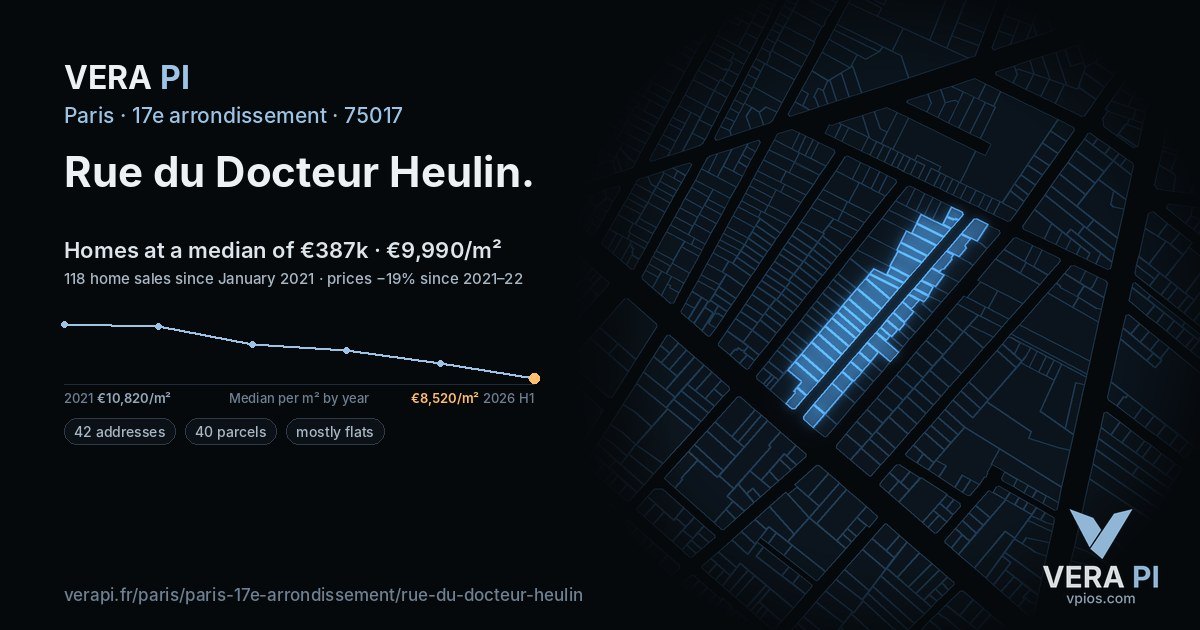 Rue du Docteur Heulin, 17e arrondissement at night – every parcel coloured by the prices around it, the street's own parcels lit