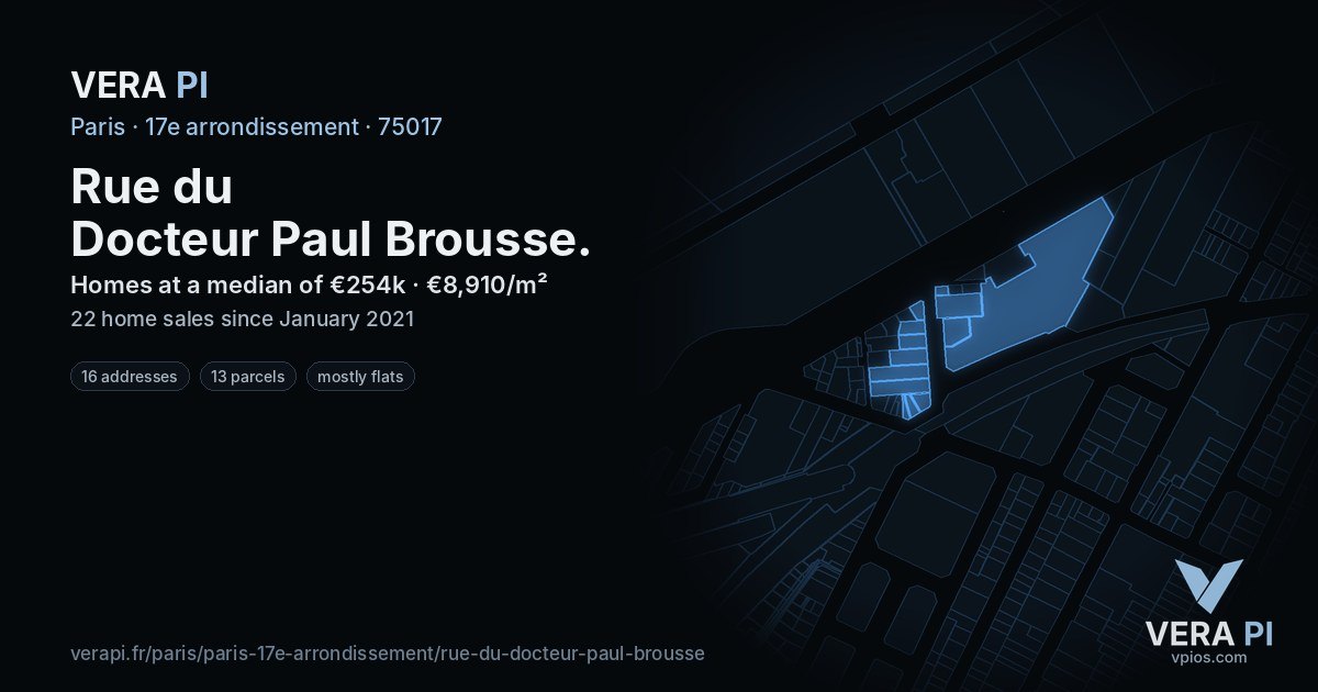 Rue du Docteur Paul Brousse, 17e arrondissement at night – every parcel coloured by the prices around it, the street's own parcels lit