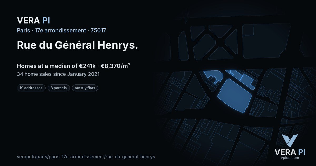 Rue du Général Henrys, 17e arrondissement at night – every parcel coloured by the prices around it, the street's own parcels lit