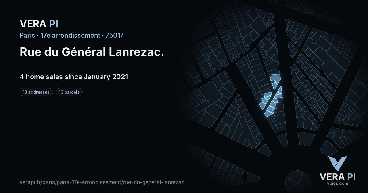 Rue du Général Lanrezac, 17e arrondissement at night – every parcel coloured by the prices around it, the street's own parcels lit