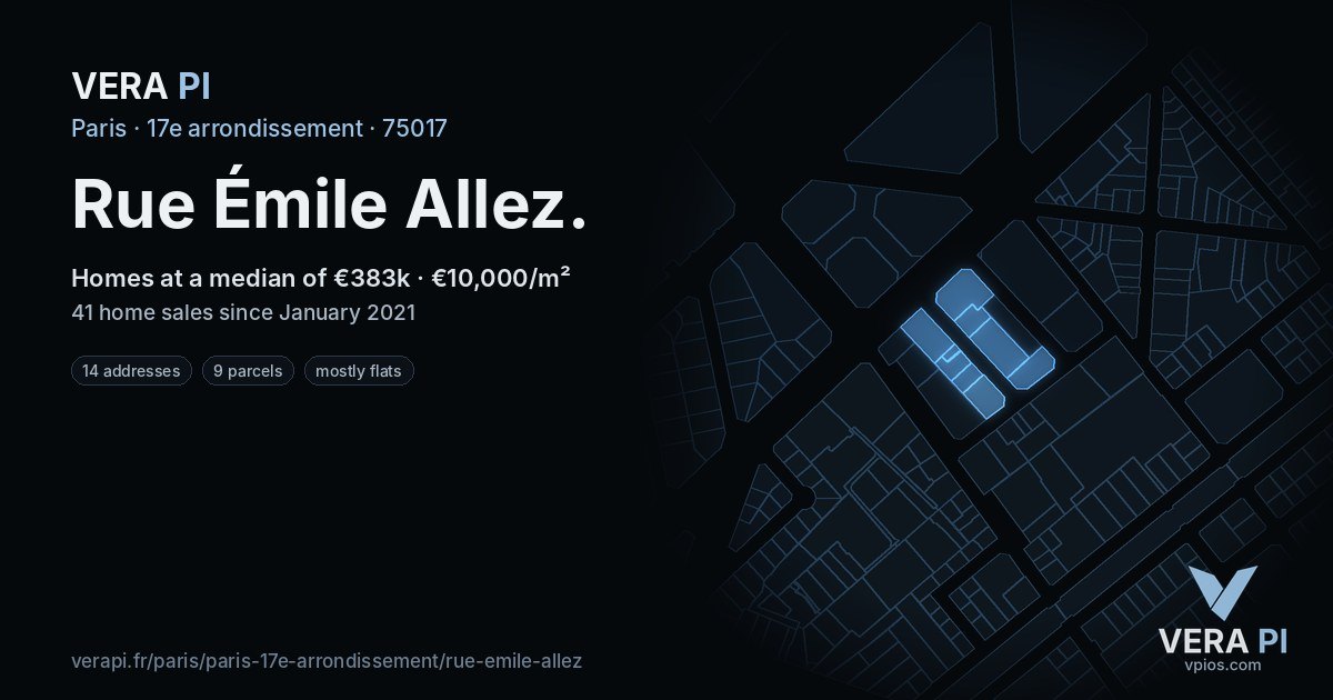 Rue Émile Allez, 17e arrondissement at night – every parcel coloured by the prices around it, the street's own parcels lit