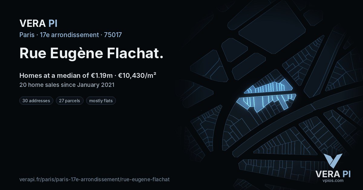 Rue Eugène Flachat, 17e arrondissement at night – every parcel coloured by the prices around it, the street's own parcels lit