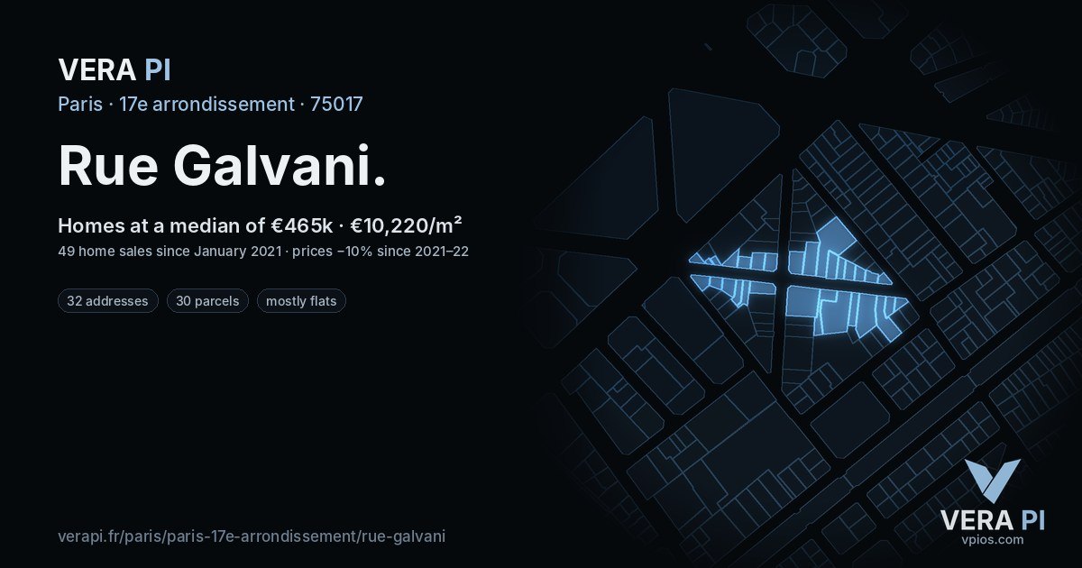 Rue Galvani, 17e arrondissement at night – every parcel coloured by the prices around it, the street's own parcels lit