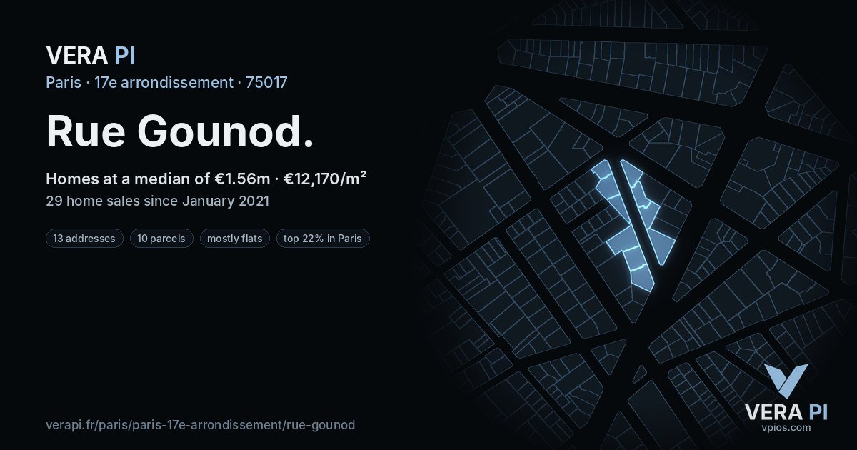 Rue Gounod, 17e arrondissement at night – every parcel coloured by the prices around it, the street's own parcels lit
