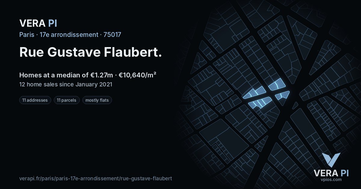 Rue Gustave Flaubert, 17e arrondissement at night – every parcel coloured by the prices around it, the street's own parcels lit