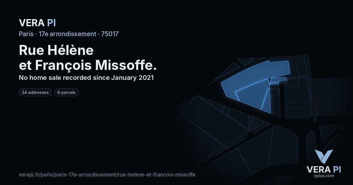 Rue Hélène et François Missoffe, 17e arrondissement at night – every parcel coloured by the prices around it, the street's own parcels lit