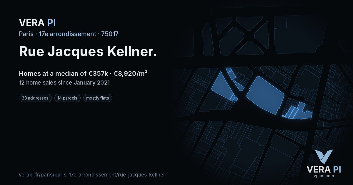 Rue Jacques Kellner, 17e arrondissement at night – every parcel coloured by the prices around it, the street's own parcels lit