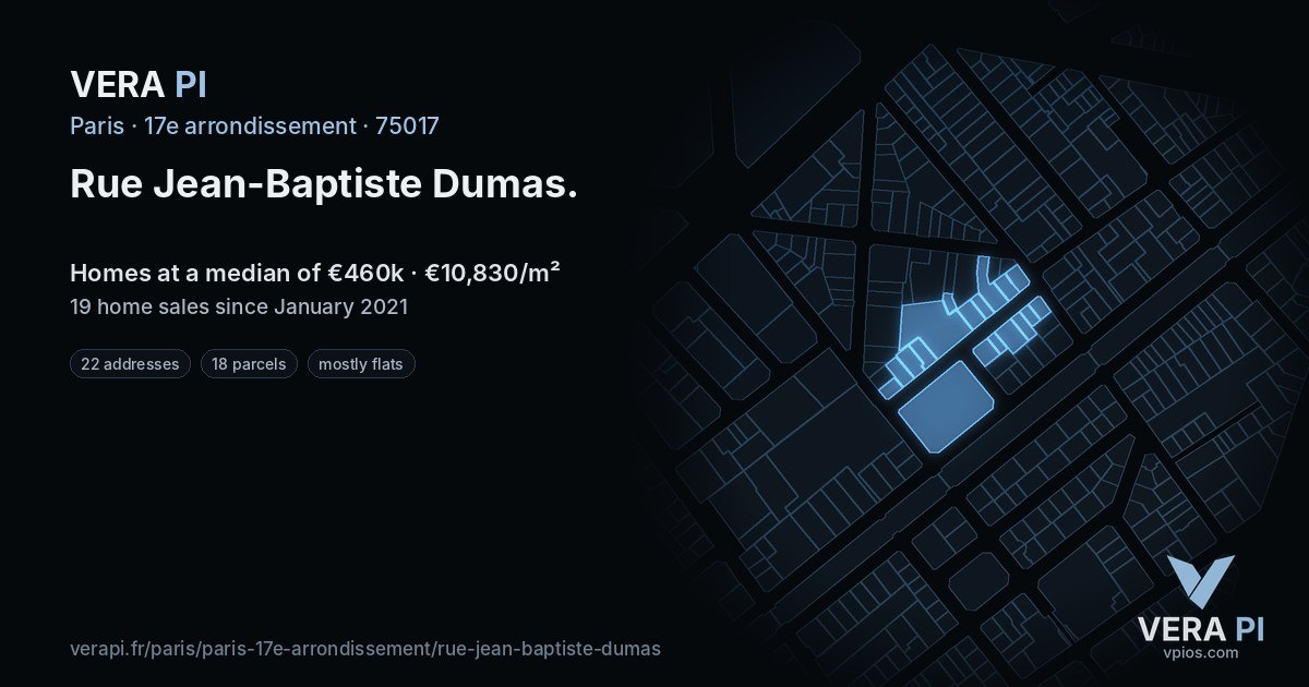 Rue Jean-Baptiste Dumas, 17e arrondissement at night – every parcel coloured by the prices around it, the street's own parcels lit