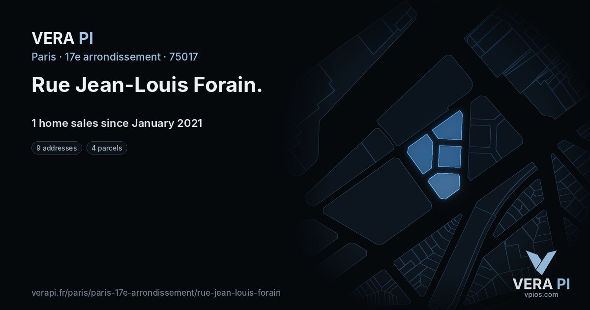 Rue Jean-Louis Forain, 17e arrondissement at night – every parcel coloured by the prices around it, the street's own parcels lit