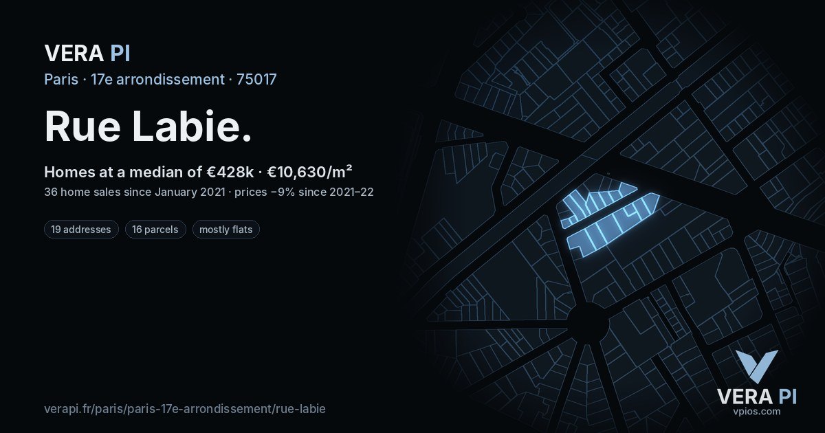 Rue Labie, 17e arrondissement at night – every parcel coloured by the prices around it, the street's own parcels lit