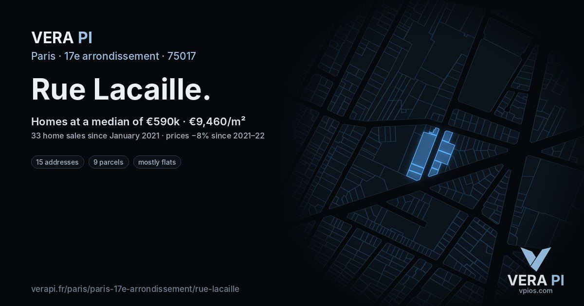 Rue Lacaille, 17e arrondissement at night – every parcel coloured by the prices around it, the street's own parcels lit