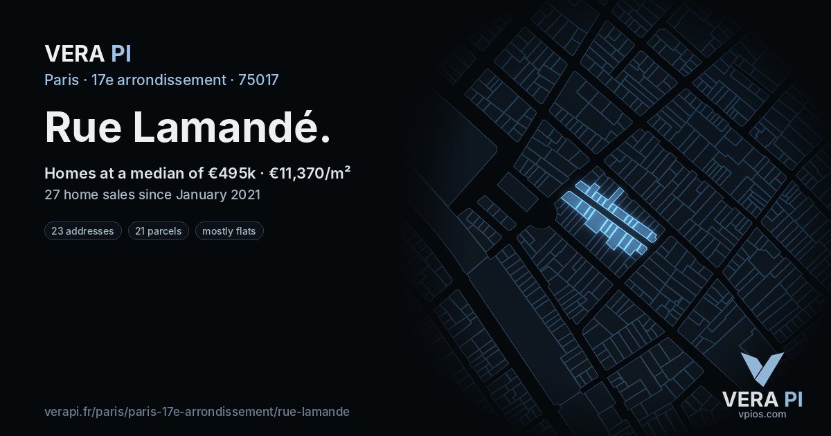 Rue Lamandé, 17e arrondissement at night – every parcel coloured by the prices around it, the street's own parcels lit