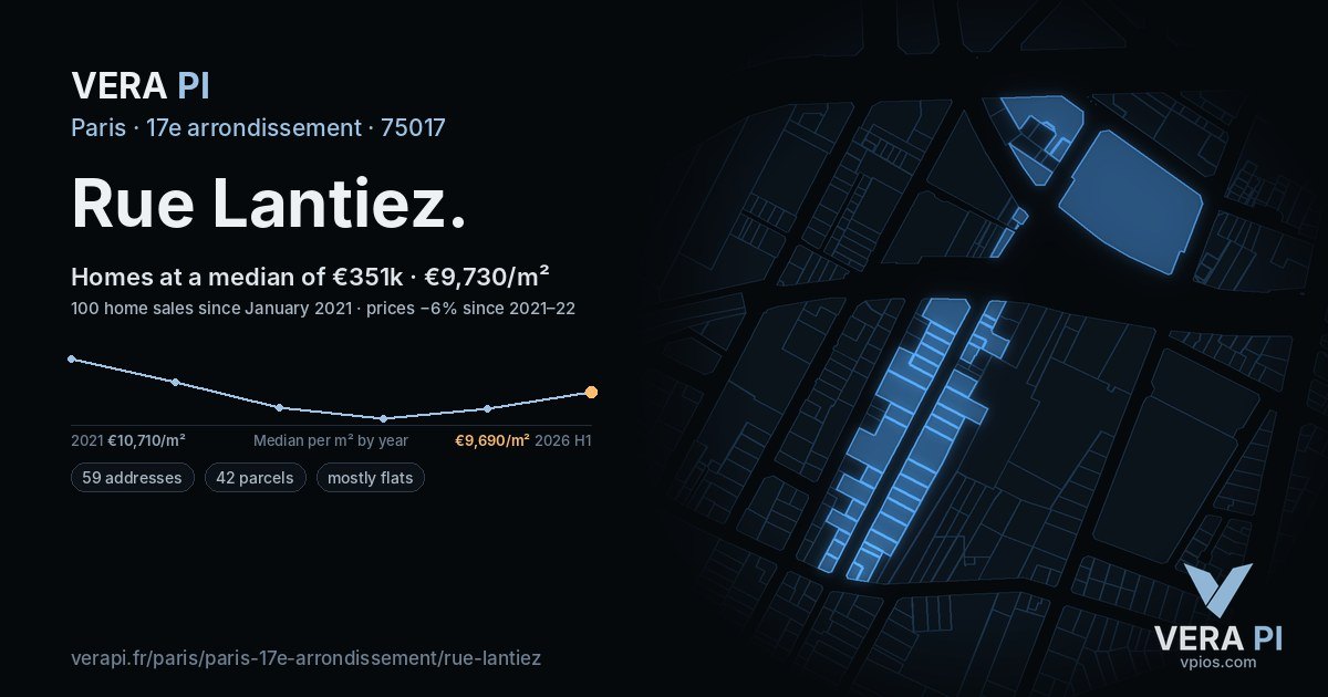 Rue Lantiez, 17e arrondissement at night – every parcel coloured by the prices around it, the street's own parcels lit