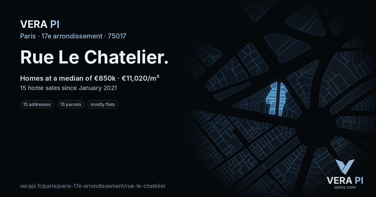 Rue Le Chatelier, 17e arrondissement at night – every parcel coloured by the prices around it, the street's own parcels lit