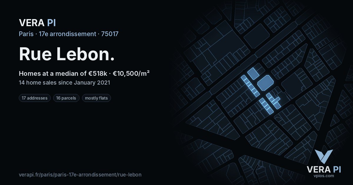 Rue Lebon, 17e arrondissement at night – every parcel coloured by the prices around it, the street's own parcels lit