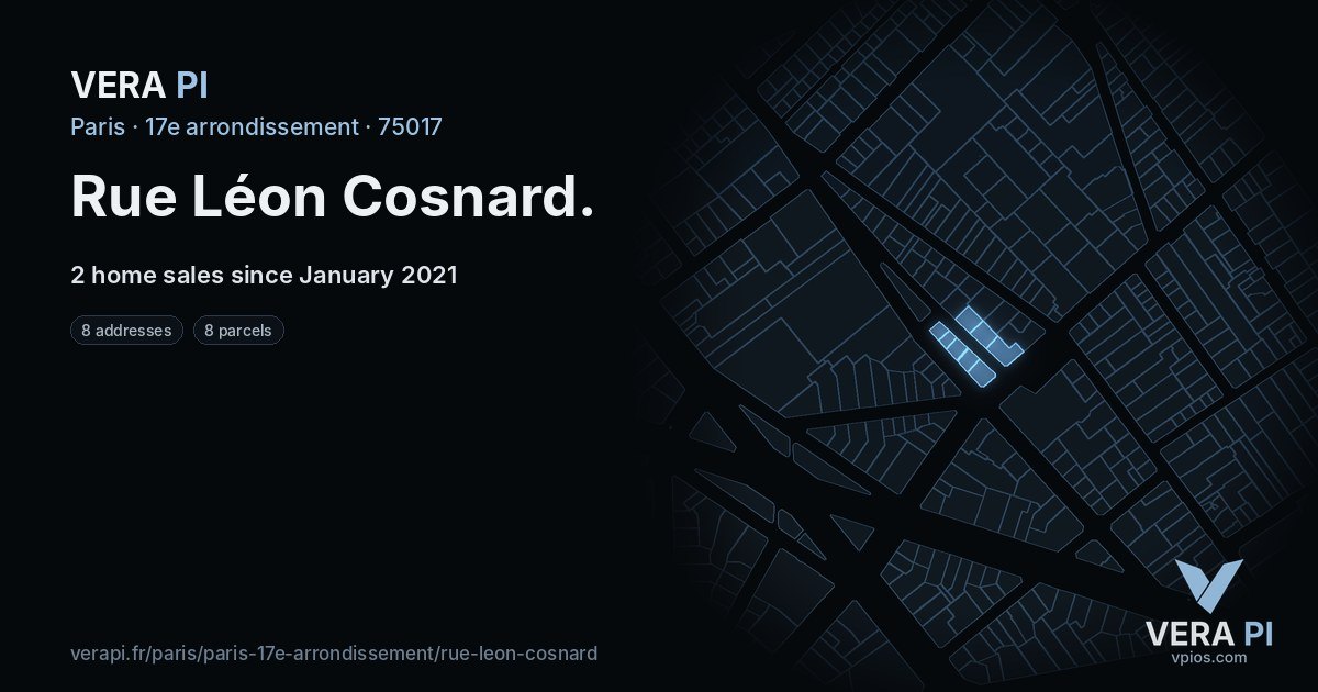 Rue Léon Cosnard, 17e arrondissement at night – every parcel coloured by the prices around it, the street's own parcels lit