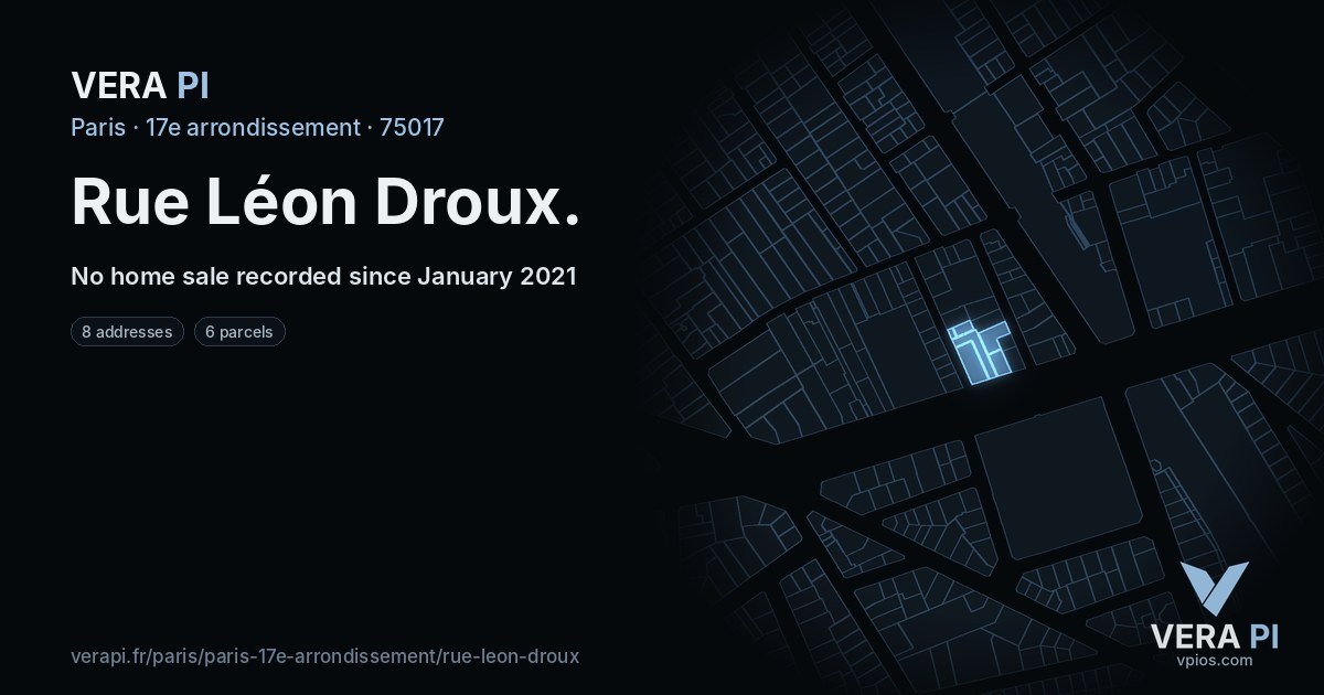 Rue Léon Droux, 17e arrondissement at night – every parcel coloured by the prices around it, the street's own parcels lit