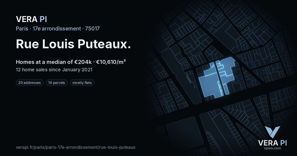 Rue Louis Puteaux, 17e arrondissement at night – every parcel coloured by the prices around it, the street's own parcels lit