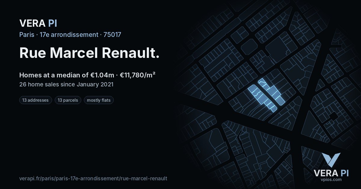 Rue Marcel Renault, 17e arrondissement at night – every parcel coloured by the prices around it, the street's own parcels lit