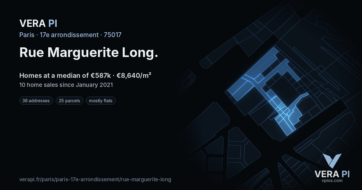 Rue Marguerite Long, 17e arrondissement at night – every parcel coloured by the prices around it, the street's own parcels lit