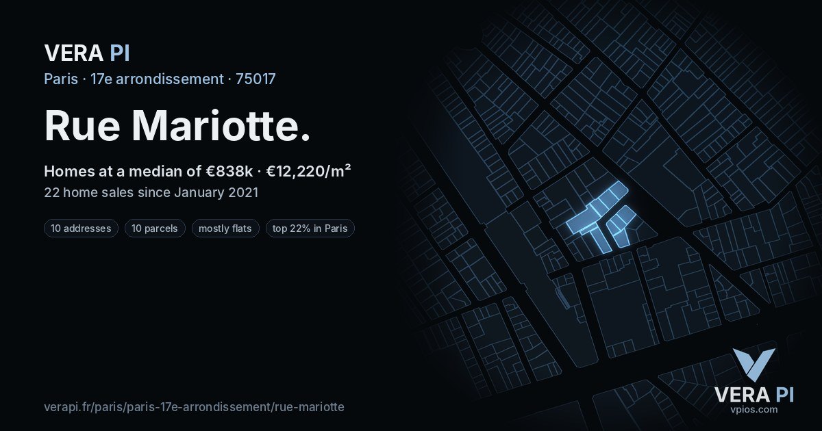 Rue Mariotte, 17e arrondissement at night – every parcel coloured by the prices around it, the street's own parcels lit
