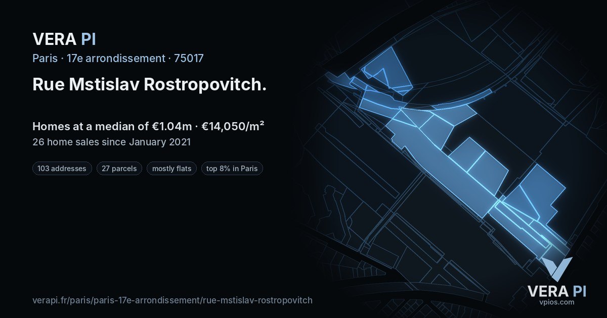 Rue Mstislav Rostropovitch, 17e arrondissement at night – every parcel coloured by the prices around it, the street's own parcels lit