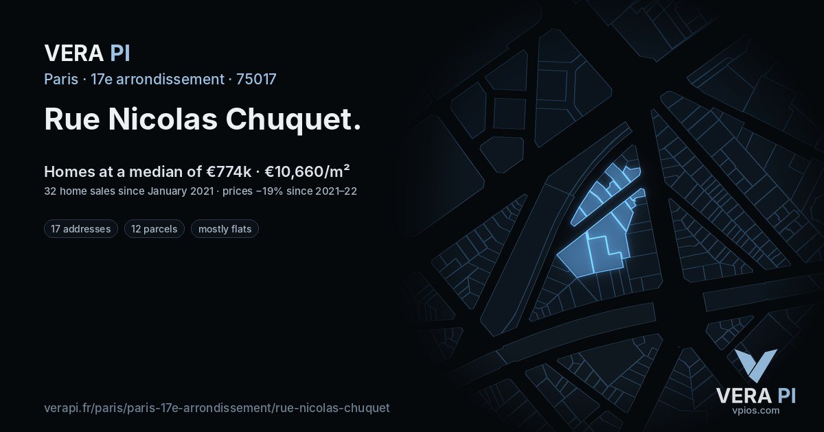 Rue Nicolas Chuquet, 17e arrondissement at night – every parcel coloured by the prices around it, the street's own parcels lit