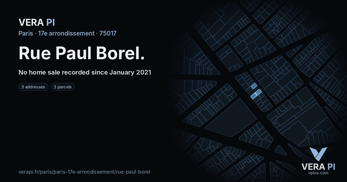 Rue Paul Borel, 17e arrondissement at night – every parcel coloured by the prices around it, the street's own parcels lit