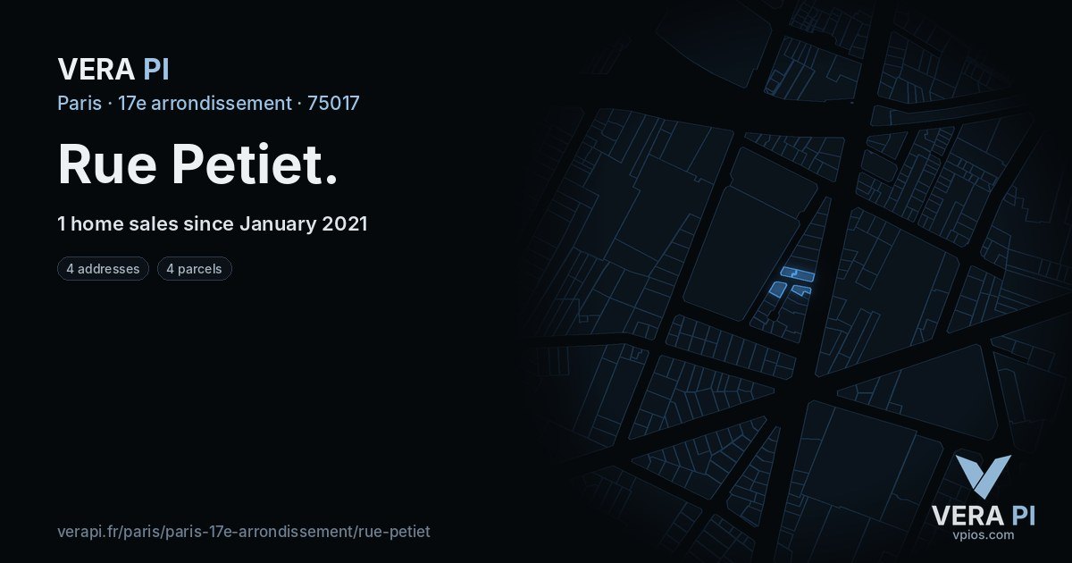 Rue Petiet, 17e arrondissement at night – every parcel coloured by the prices around it, the street's own parcels lit
