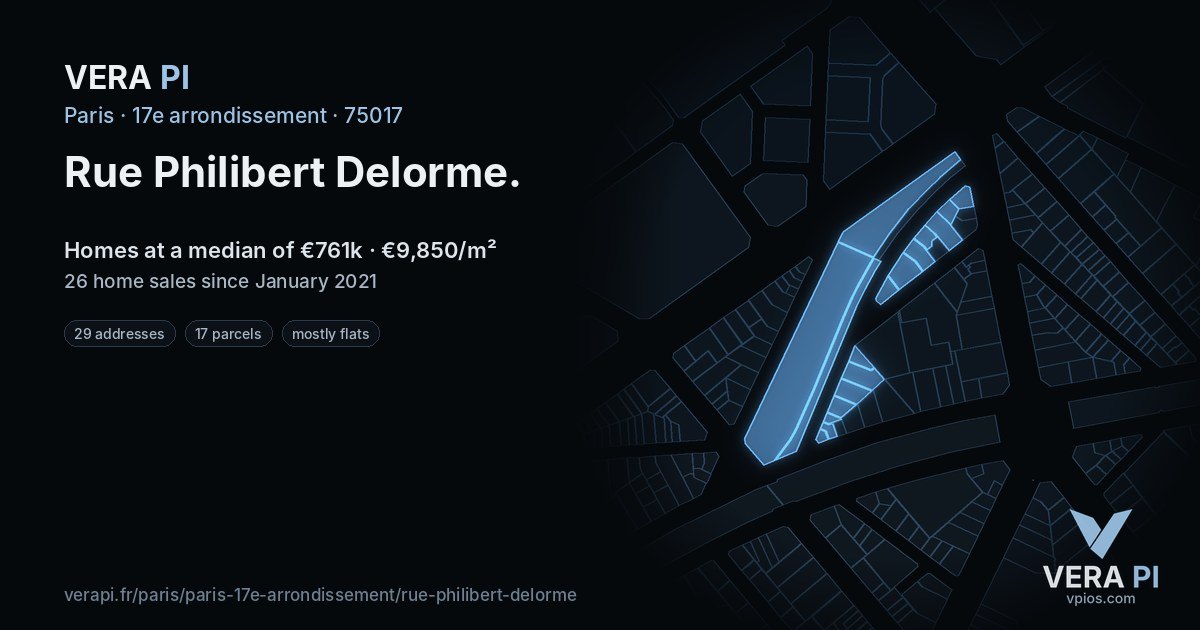 Rue Philibert Delorme, 17e arrondissement at night – every parcel coloured by the prices around it, the street's own parcels lit
