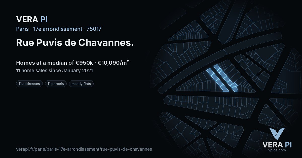 Rue Puvis de Chavannes, 17e arrondissement at night – every parcel coloured by the prices around it, the street's own parcels lit
