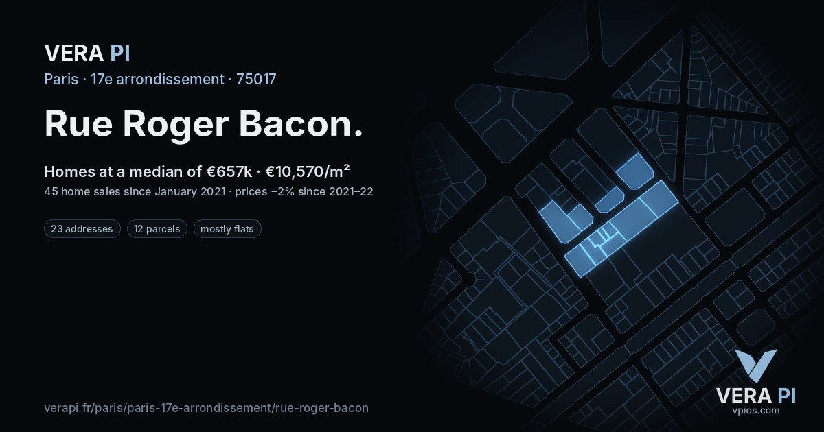 Rue Roger Bacon, 17e arrondissement at night – every parcel coloured by the prices around it, the street's own parcels lit