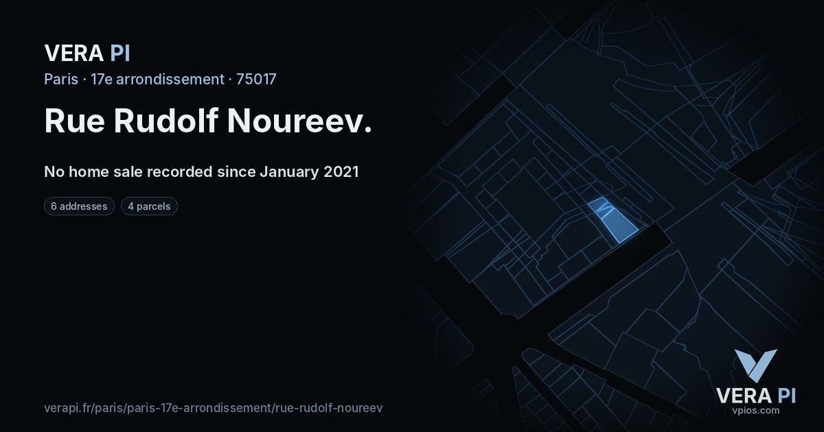 Rue Rudolf Noureev, 17e arrondissement at night – every parcel coloured by the prices around it, the street's own parcels lit
