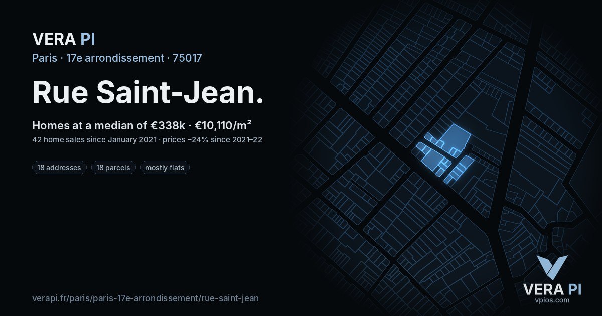 Rue Saint-Jean, 17e arrondissement at night – every parcel coloured by the prices around it, the street's own parcels lit