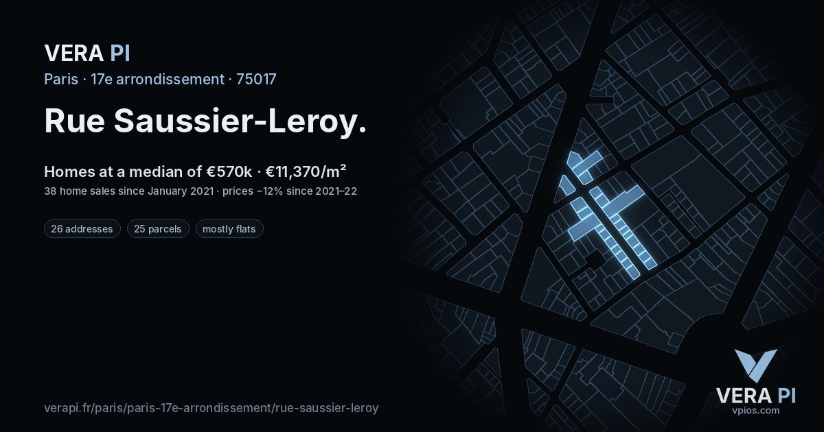 Rue Saussier-Leroy, 17e arrondissement at night – every parcel coloured by the prices around it, the street's own parcels lit
