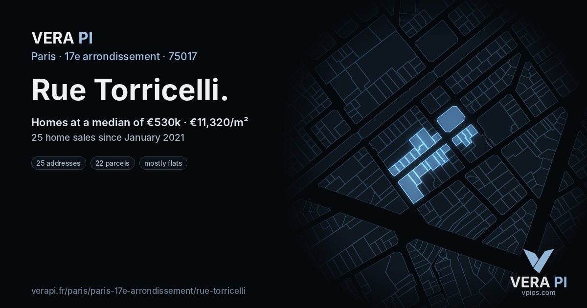 Rue Torricelli, 17e arrondissement at night – every parcel coloured by the prices around it, the street's own parcels lit