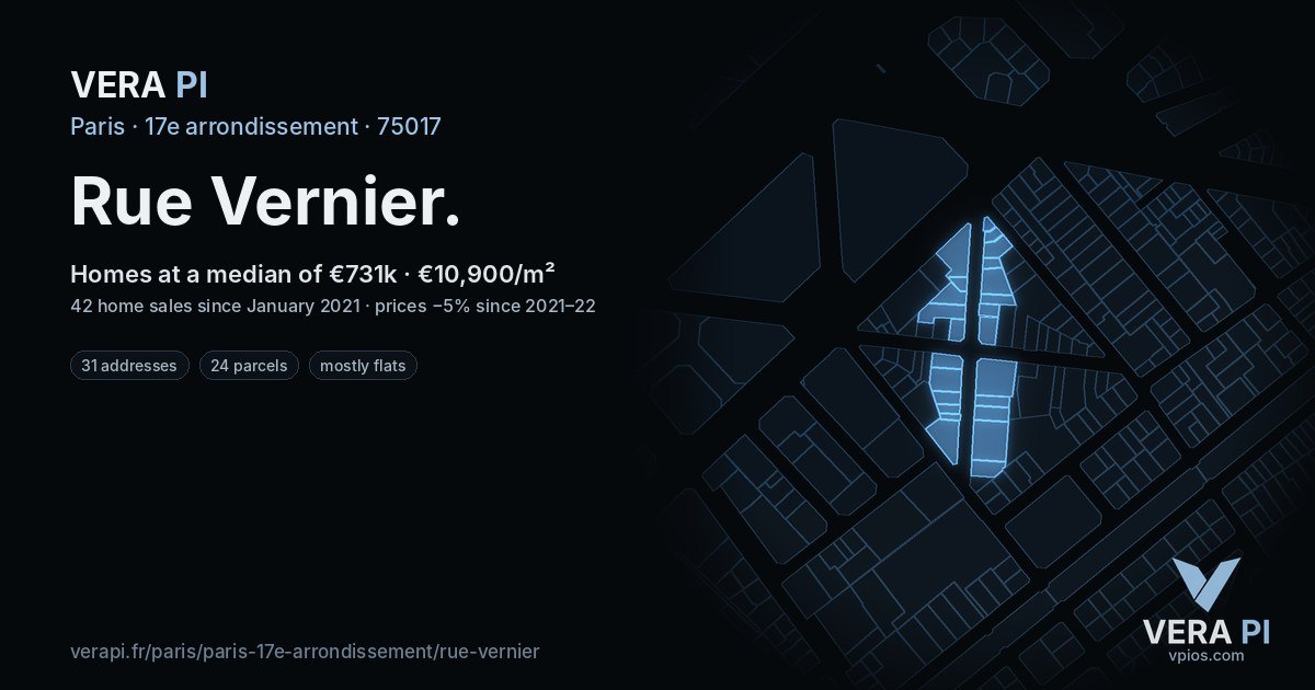 Rue Vernier, 17e arrondissement at night – every parcel coloured by the prices around it, the street's own parcels lit